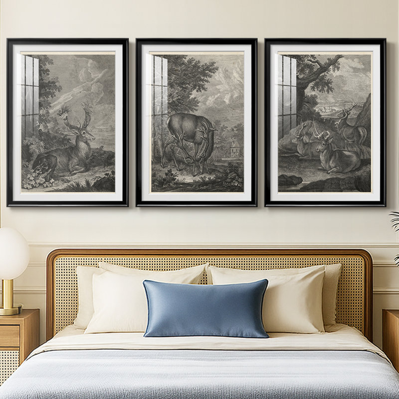 Woodland Deer III - reproduction sur mesure encadrée de qualité supérieure - 3 pièces, H 19 po x l 27 po, Noir