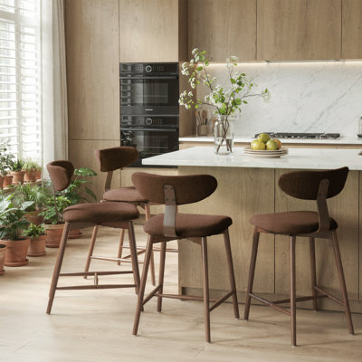 Upholstered Cotton Blend Swivel Bar Stool with Curved Back