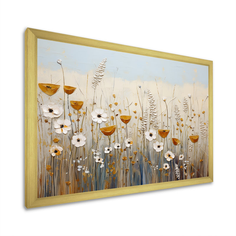 Élégance florale beige - Fleurs murales, art mural, Cadre doré simple, H 34 po x l 44 po x P 1,5 po