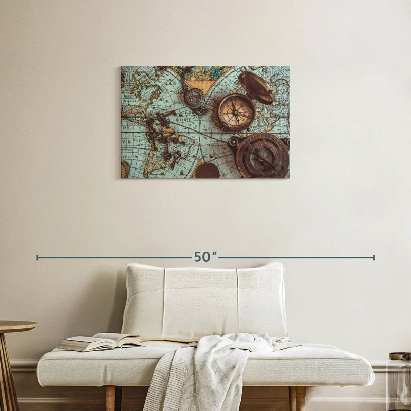 Carte de pirate antique sur toile, H 20 po x l 30 po x P 1,25 po