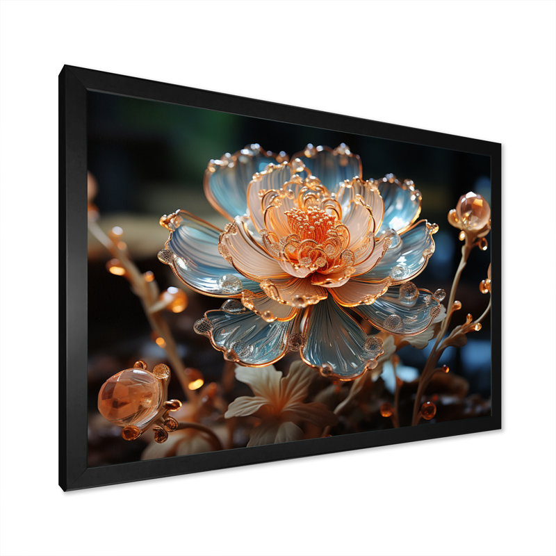 Fleur de pêche cristal I - art mural floral, Cadre simple noir, H 12 po x l 20 po x P 1 po
