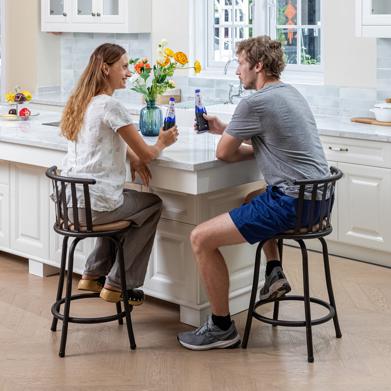Brown Adjustable Swivel Metal Counter Stools with Upholstered Seat