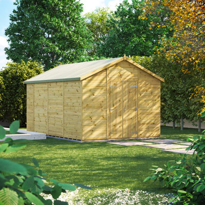 Powersheds 14 x 10ft Premium Pressure Treated Timber Windowless Apex Garden Shed, Double Doors