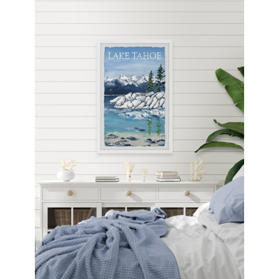 Montagnes enneigées au lac Tahoe - Reproduction d'art sur papier encadrée