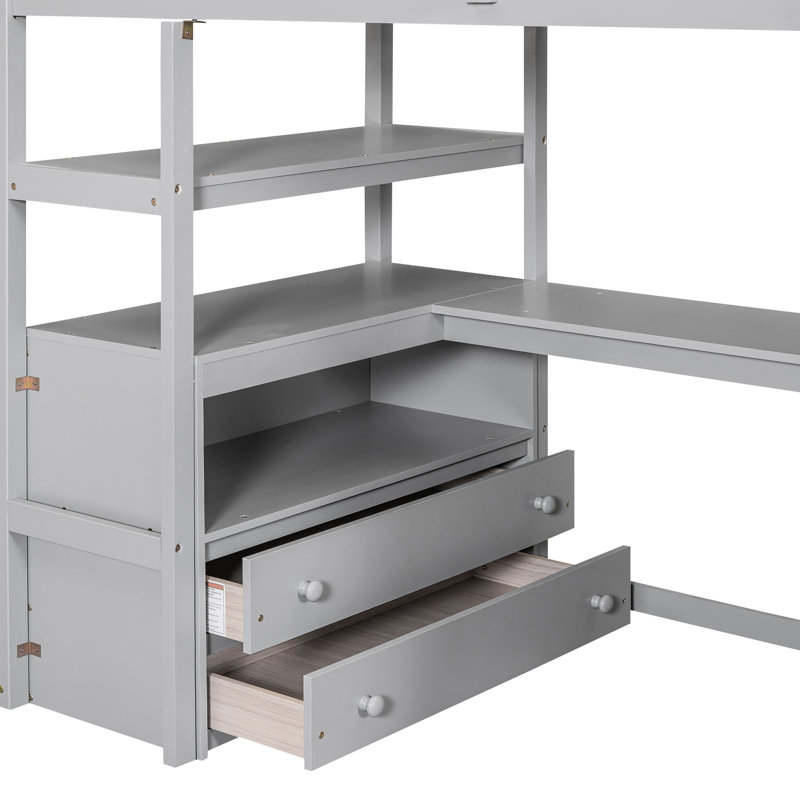 Lit mezzanine simple avec bureau, tablettes et garde-corps dans les tiroirs de rangement gris, étagères, Lit simple, Gris
