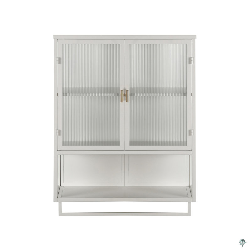 Glass Doors Modern Two-Door Wall Cabinet With Featuring Two-Tier Enclosed Storage, An Open Shelf, And Towel Rack