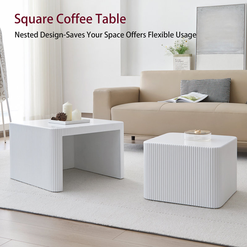 Square Nesting Coffee Table, Wooden Coffee Table, No Need Assembly Modern Fluted Nesting Tables Coffee Tables For  Living Room