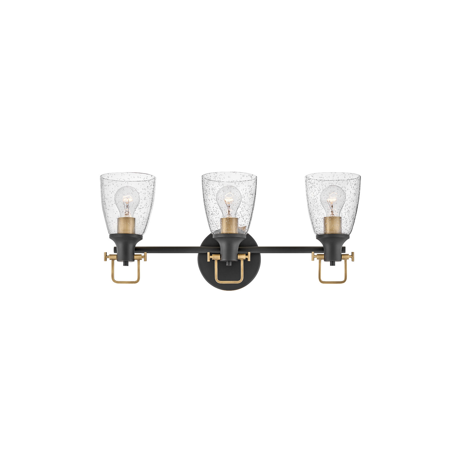 Easton Three-Light Bath Vanity Fixture w/ Clear Seedy Glass Shades, Black/Gold