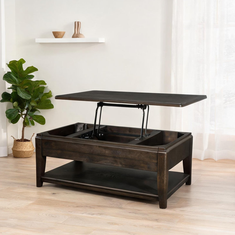 Table basse en bois massif et panneau de fibres à densité moyenne avec plateau relevable et roulettes, finition rectangulaire en bois brun