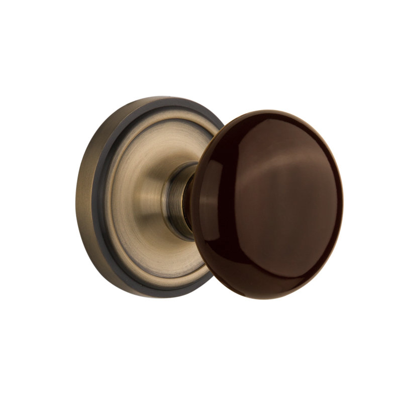 Classic Rosette with Brown Porcelain Door Knob, Antique Brass