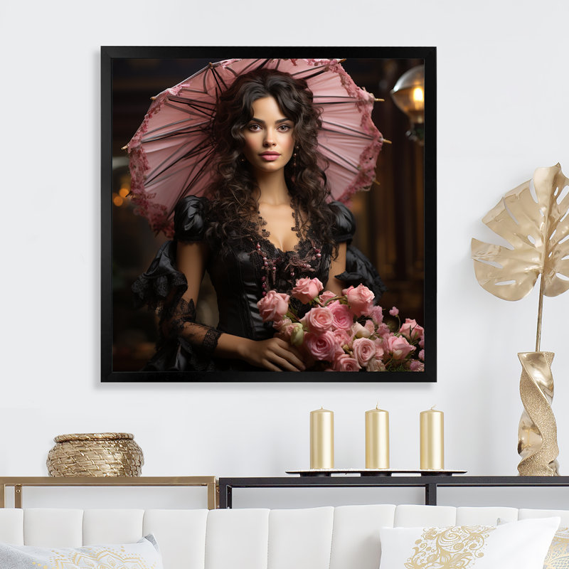 Femme victorienne rose et noire avec parapluie III - Art mural victorien, Cadre simple noir, H 16 po x l 16 po x P 1 po
