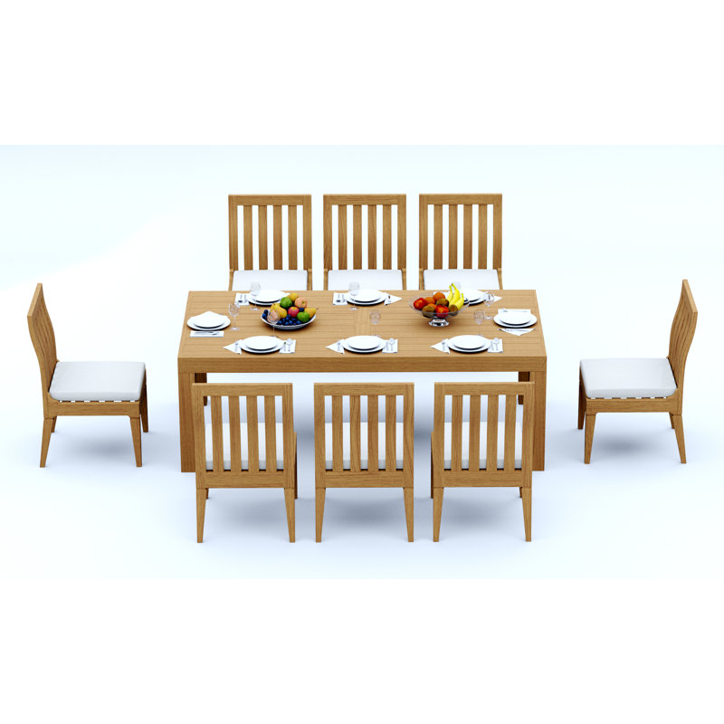 Ensemble de salle à manger en bois de teck Grade-A: table rectangulaire Canberra de 86 po et chaises sans accoudoirs Caranas # 11Ca1900