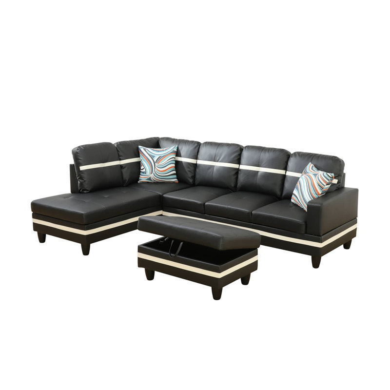 Brevard Faux Leather L-Shaped Sectional, Left Hand Facing, Black with 2 White Stripes