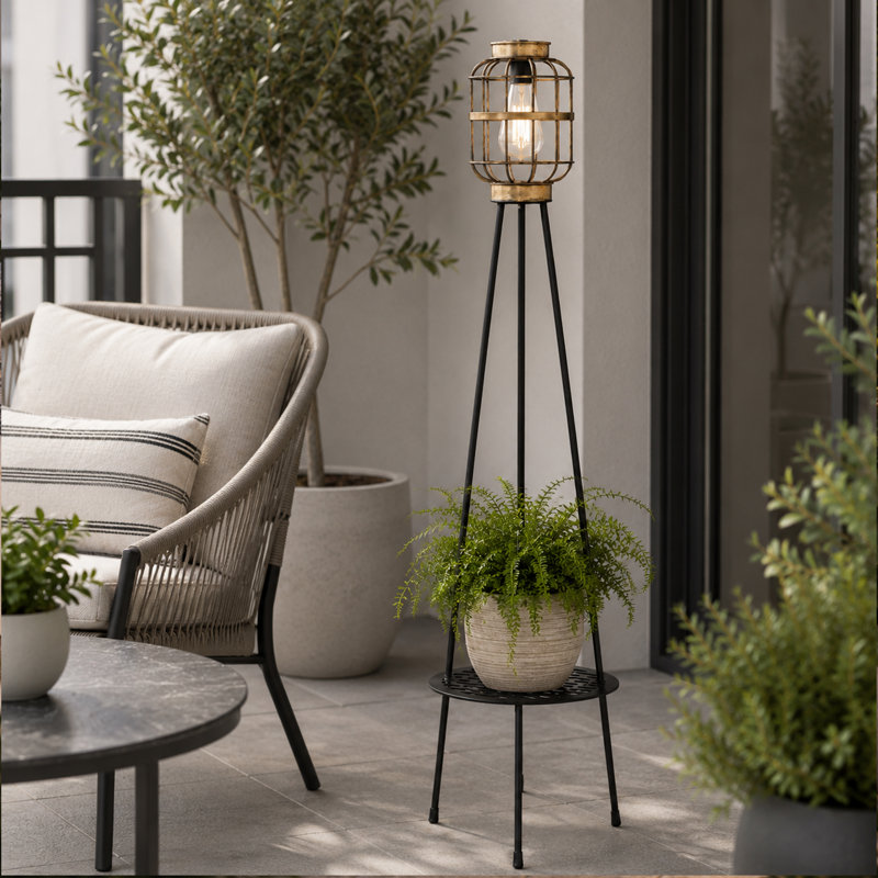 Lampe lanterne d'extérieur solaire avec support à plante, trépied rétro en fer noir