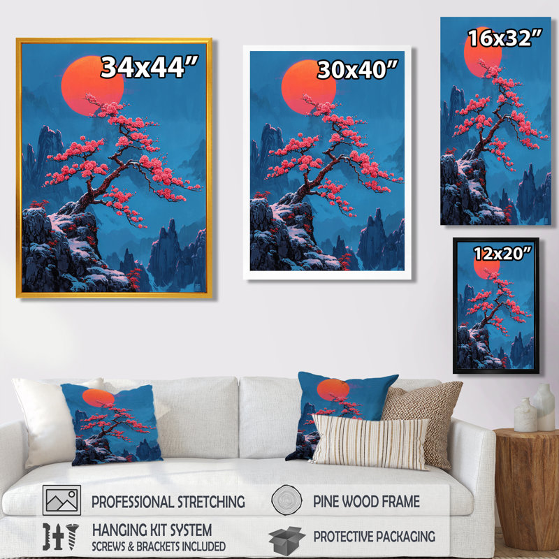Fleur de cerisier - reproduction d'art murale arbre, Toile avec cadre flottant brun, H 32 po x l 24 po x P 1 po