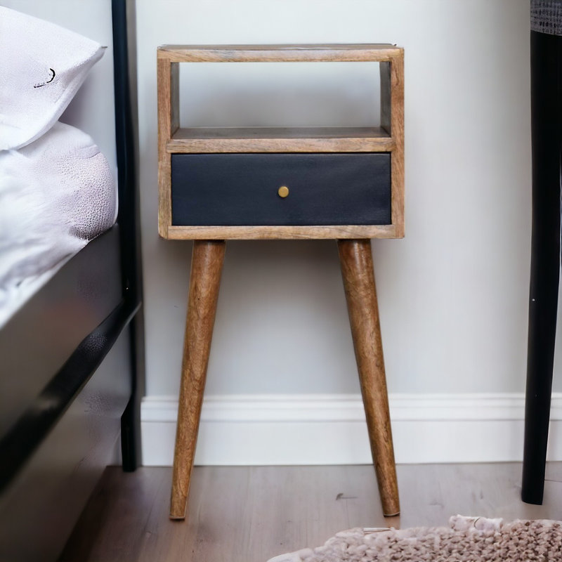 Fithian 30 cm W Solid Wood Bedside Table, Oak-Ish/Navy Blue