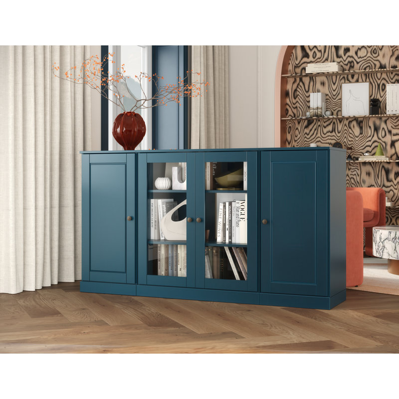 Buffet 100% bois massif 65 po avec portes en verre transparent et tablettes réglables, Bleu sarcelle