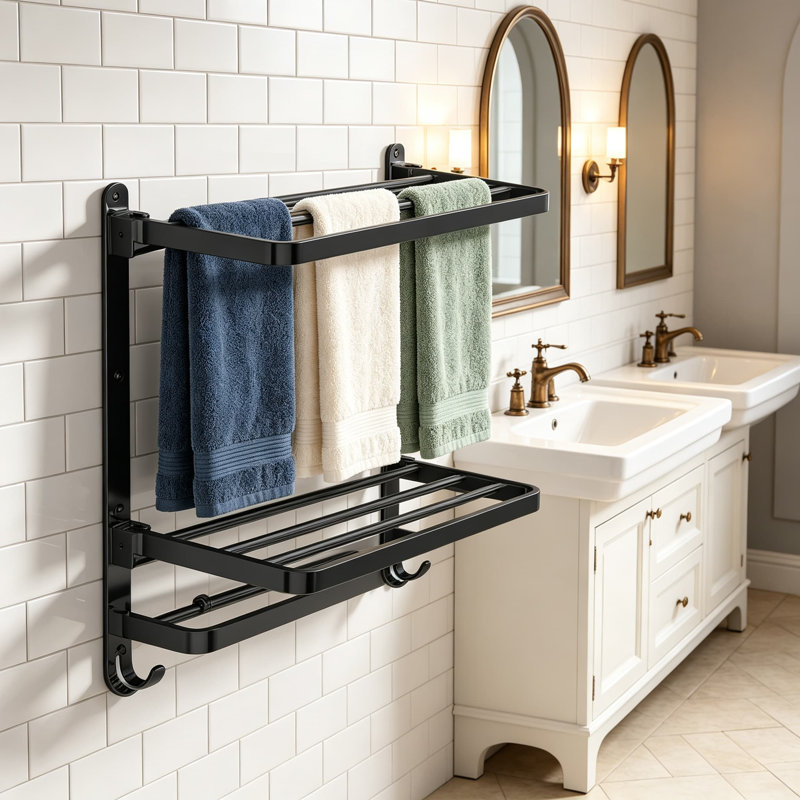 Foldable Wall Mounted Towel Rack for Bathroom, Three Tier Stainless Steel Shelf with Towel Bar and Hooks, Space Saving Storage Organizer for Lavatory, Rust Resistant, Modern Design, Black