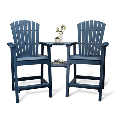 Ensemble de 2 tabourets de bar Adirondack en poly recyclé toutes saisons, dossier haut avec plateau de connexion, repose-pieds intégré et trou pour parasol, chaises de patio extérieures d'une capacité de 350 lb (bleu océan)