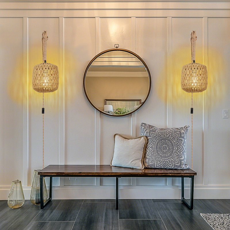 1- Light Dimmable Boho Plug In Wall Sconces Farmhouse Rattan Lamp