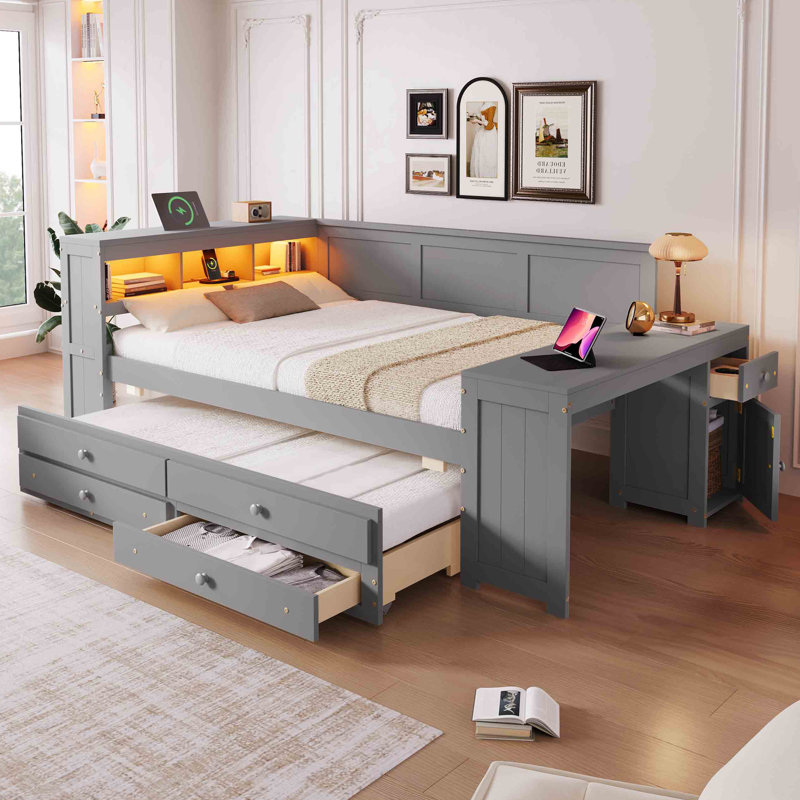 Lit de jour avec tiroirs de rangement, lumière DEL et ports USB, Gris