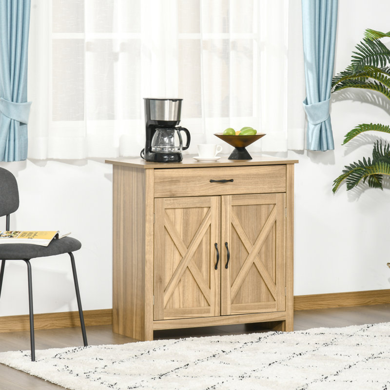 Farmhouse Sideboard Buffet Cabinet, Barn Door Coffee Bar Cabinet With Drawer And Adjustable Shelf, Kitchen Cabinet For Living Room, Entryway, Natural Wood Effect