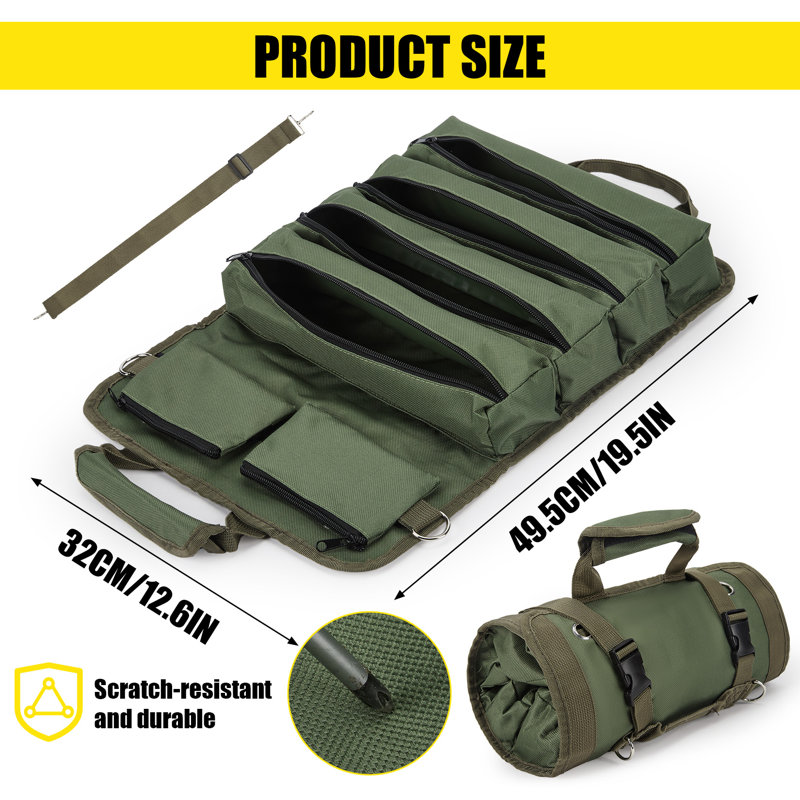 Sac à outils en toile imperméable à 6 poches - Organiseur à outils enroulable pour clés et outils à main - Résistante aux déchirures et à l'huile - Vert armé