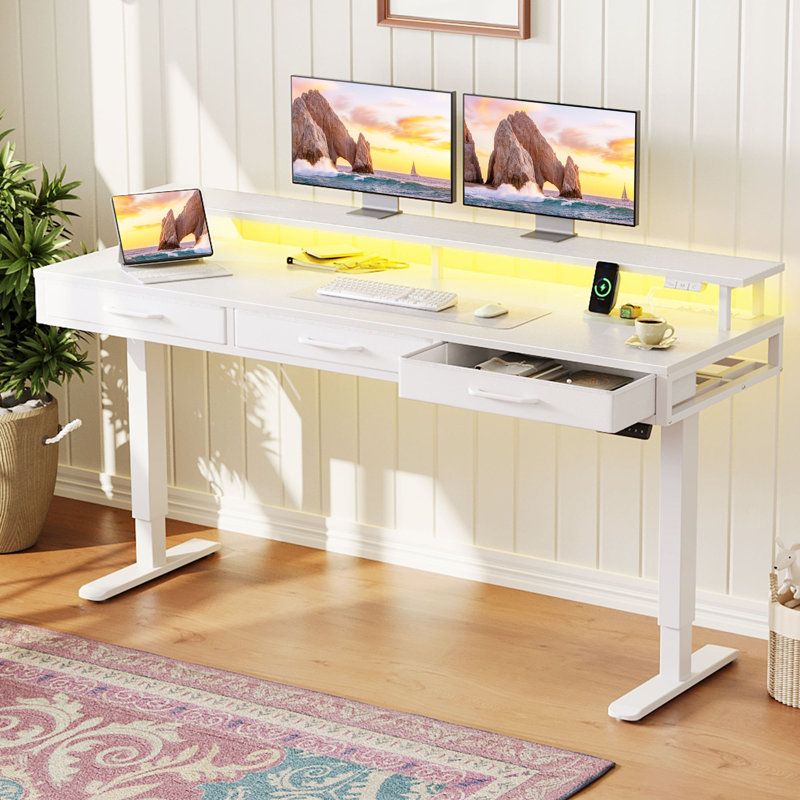 Yaelin 63"W Home Office Height Adjustable Standing Desk With 3 Fabric Drawers, Power Outlets and LED Lights, White/White