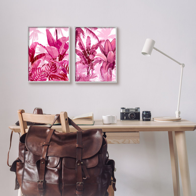 «Pink Palm Tree Leaves», impression sur bois 2 pièces, H 14 po x l 22 po x P 1,5 po, Estampe numérique Farmhouse