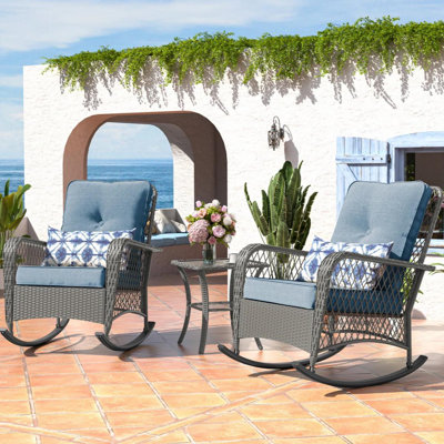 Outdoor 2-Person Oversize Rattan Wicker Rocking Chair with Side Table and Cushions