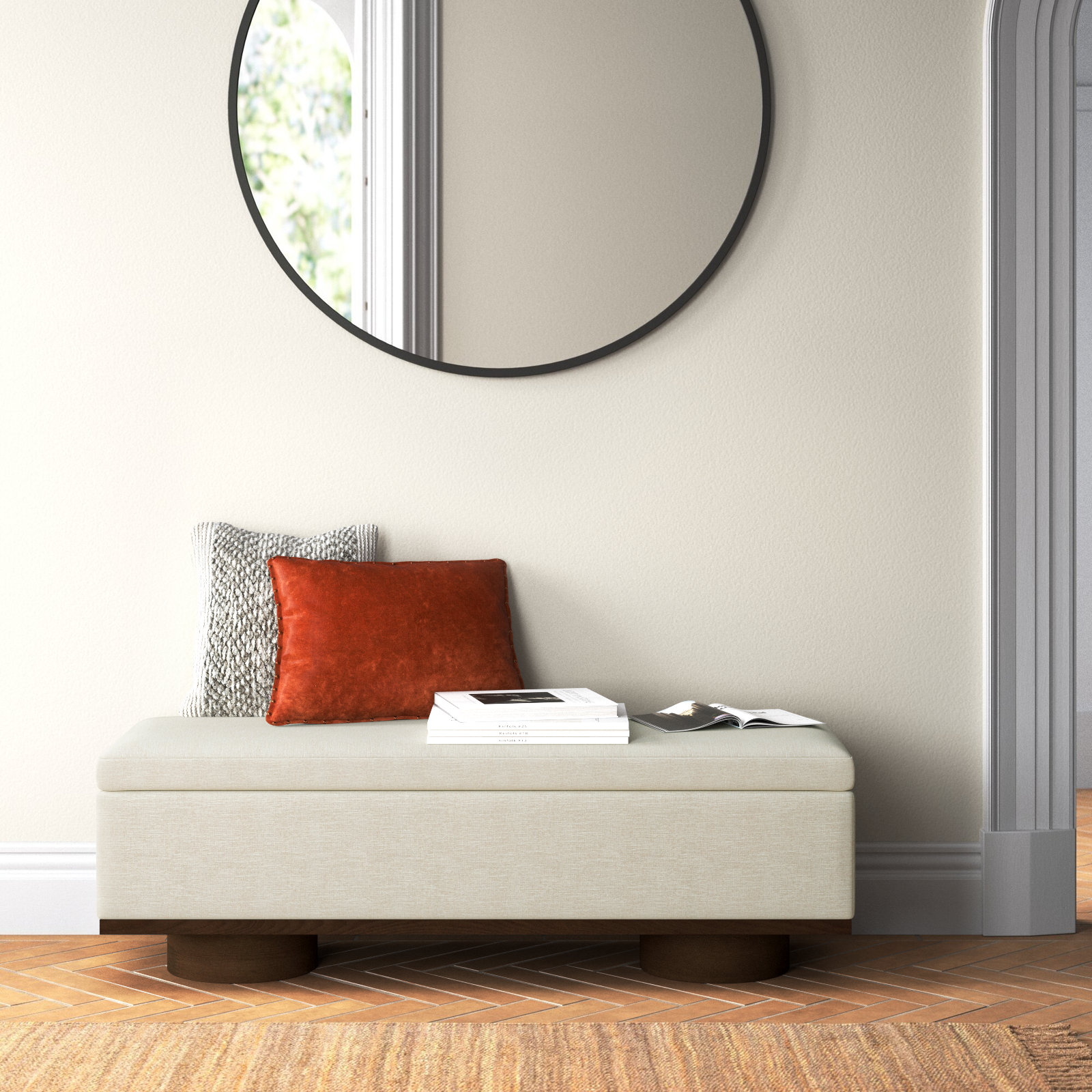 Morje 61" Linen Entryway Bench, Beige Linen, Walnut