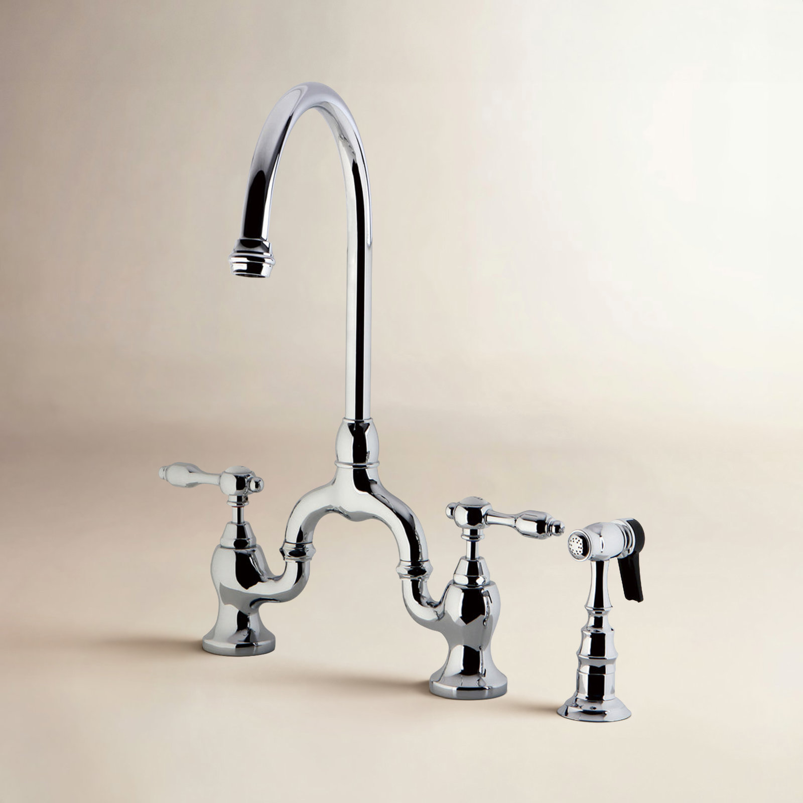 Kingston Brass Tudor Two-Handle 3-Hole Deck Mount Bridge Kitchen Faucet with Brass Side Sprayer, Chrome