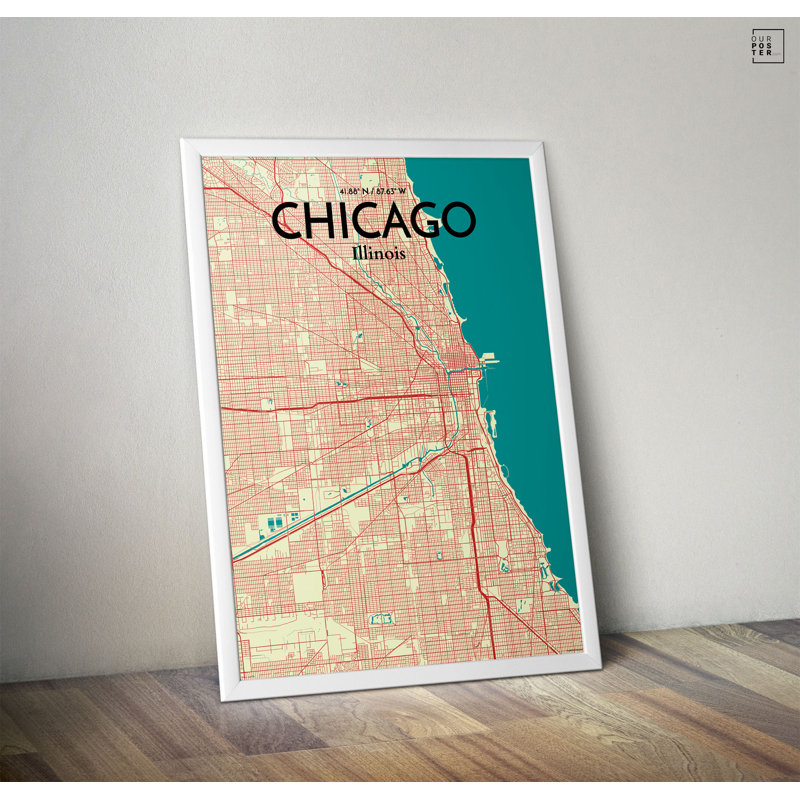 « chicago city map », reproduction d’impression sur affiche en couleur, H 17 po x l 11 po
