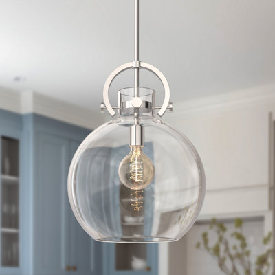 1-Light Modern Brushed Nickel Globe Pendant Light With Clear Glass Shade For Kitchen, Dining, Or Foyer Spaces