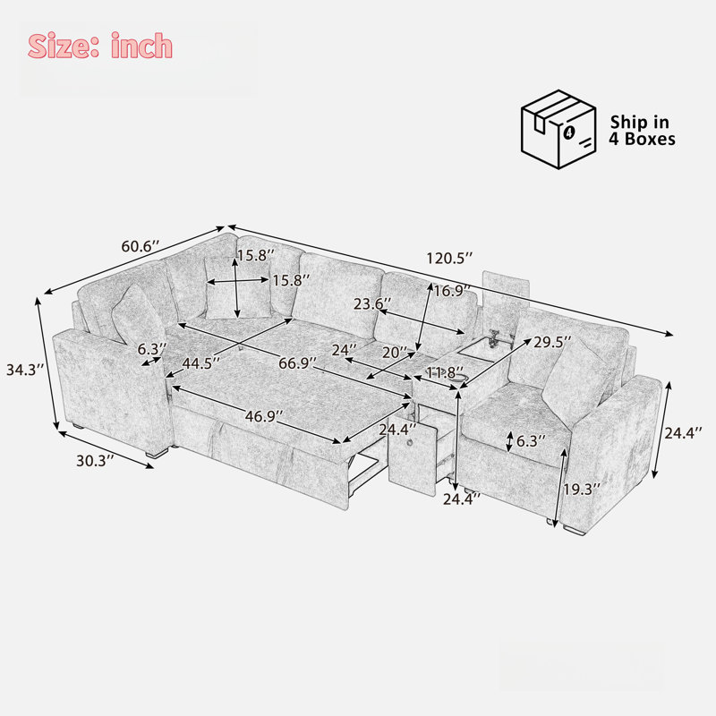 Canapé modulaire convertible en L avec lit escamotable, porte-gobelets, 3 coussins et beaucoup d'espace de rangement