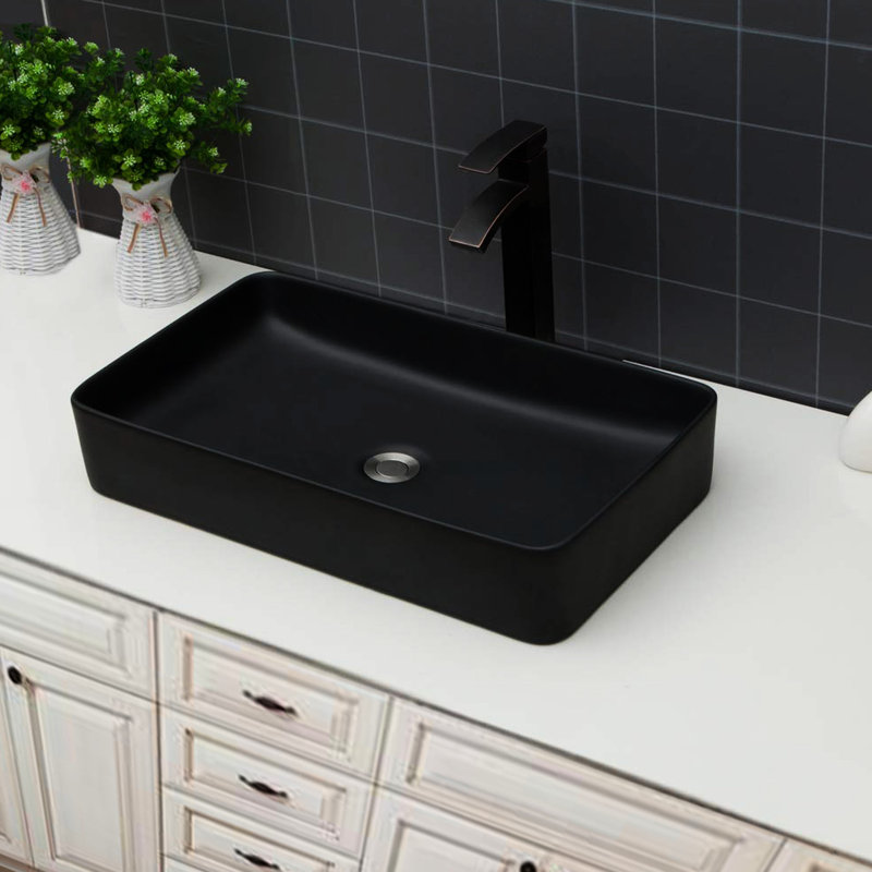 24"X13.5" Black Ceramic Rectangular Vessel Sink For Bathroom, Modern Design With Arc, Acid - And Stain Classic Arc Design, Low Maintenance