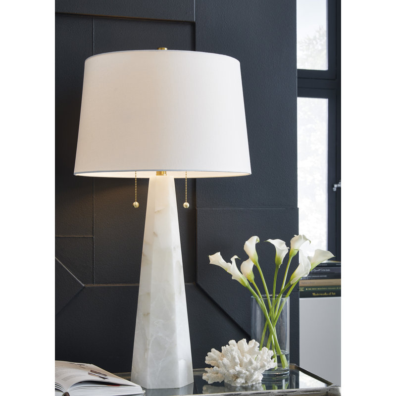 White Resin and Alabaster Table Lamp with Fabric Shade