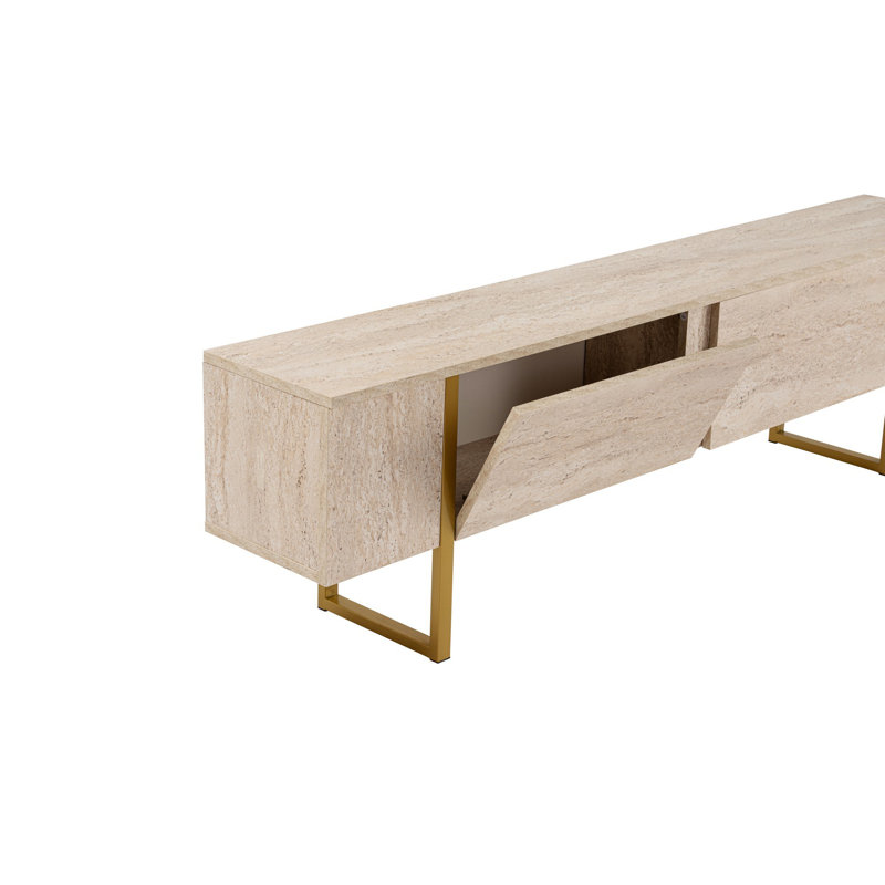 Modern TV Stand with Glam Finish, Travertine & Gold, 70.9 x 19.7 x 11.8 inches | 100% Melamine Coated Particle Board, Thickness: 0.7 inches | Stylish Storage Solution for Living Room, Elegant & Durable Design