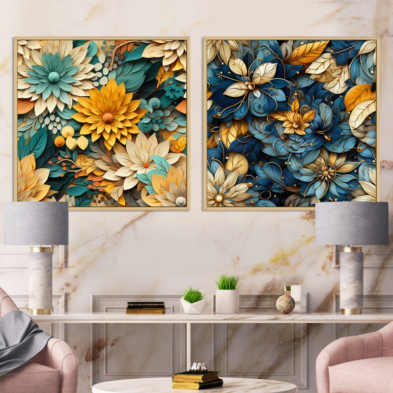 Ensemble de 2 collages carrés botaniques bleus et beiges - motif mandala bohème bleu et beige, H 36 po x l 73 po