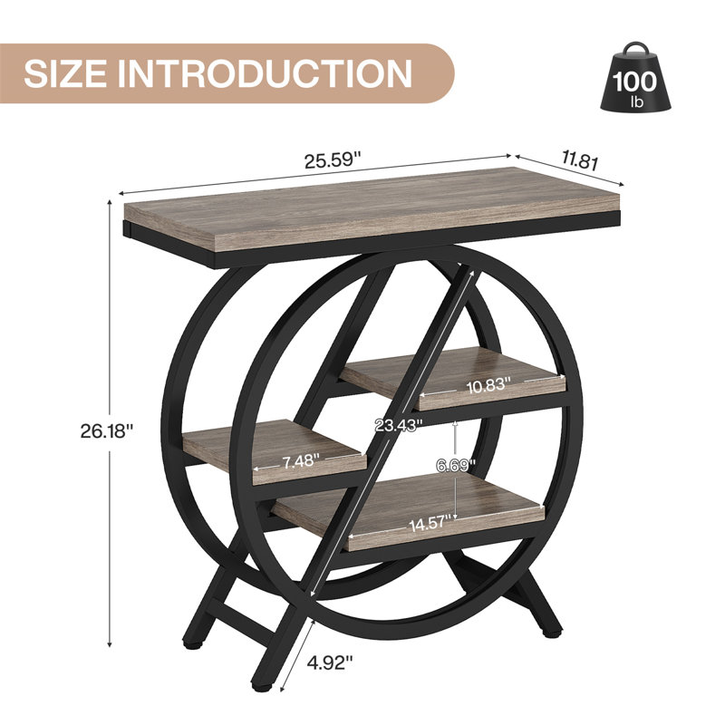 Table de bout étroite 25,59 po avec tablettes de rangement à 3 niveaux, Gris