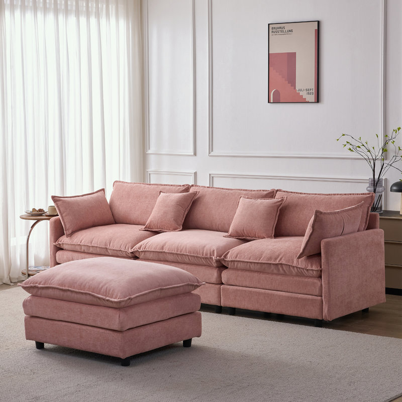 L Shape Chenille Fabric Sectional Sofa with Ottoman, Pink Chenille