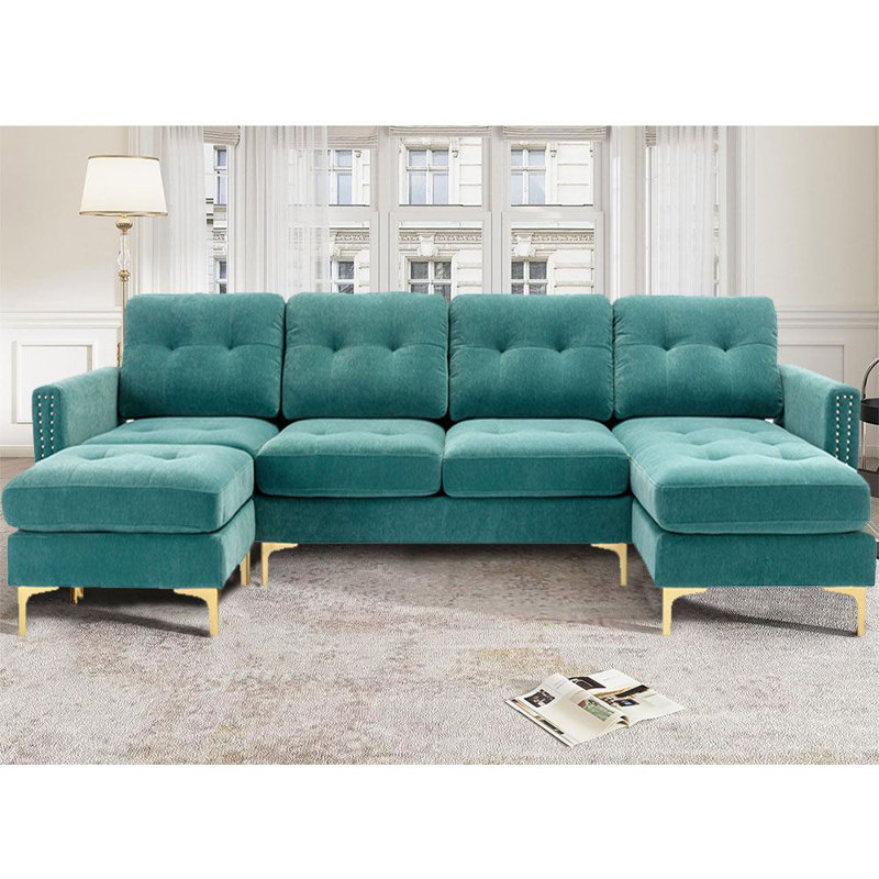 Nazya Velvet L-Shaped Sectional Reversible, Green Velvet