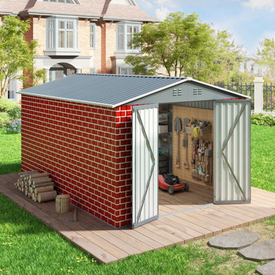 Remise de rangement extérieure de 8 pi x 12 pi, remise à outils en acier avec portes verrouillables, évents, maisonnette pour cour de jardin, style brique rouge