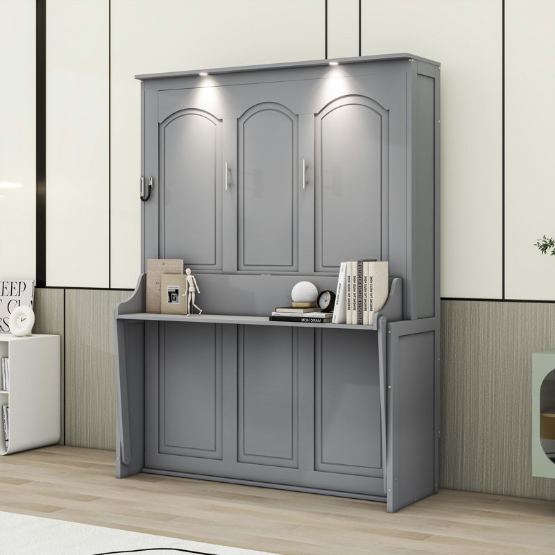Queen Wood Murphy Bed with LED Lights and USB Charging Station, Grey