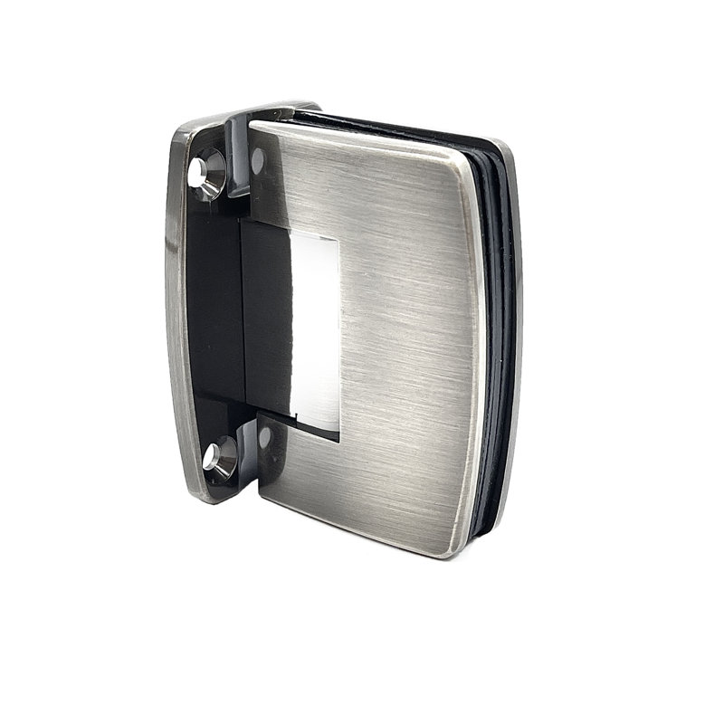 F449C813A864474583364531DDC04EF4 Charnière de porte de douche à fixation murale en verre de la série Radial avec plaque arrière pleine étain brossé