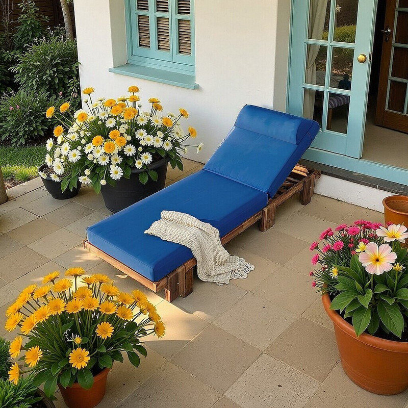 Chaise longue d'extérieur réglable en bois d'acacia avec plateau latéral et coussin de 4,7 po, Marine