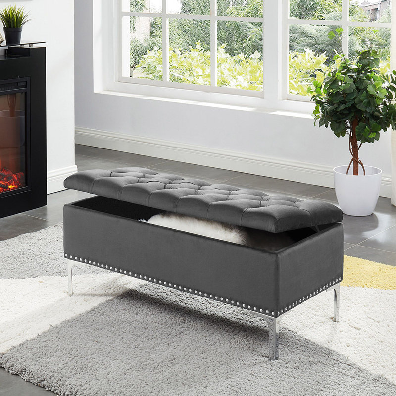 Marijona Gray Velvet Storage Bench With Metal Legs