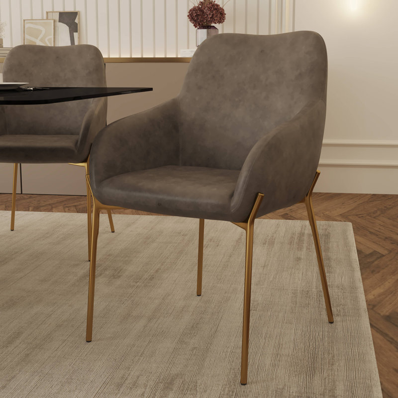 Kobinski Upholstered Dining Chair In Velvet/Leather/Boucle With Gold Chrome Iron, Charcoal