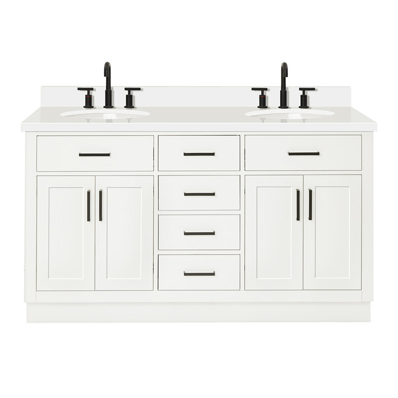 Meuble-lavabo double en bois massif Tidworth avec plateau en quartz blanc de 1,5 po, Blanc / noir mat, Ovale