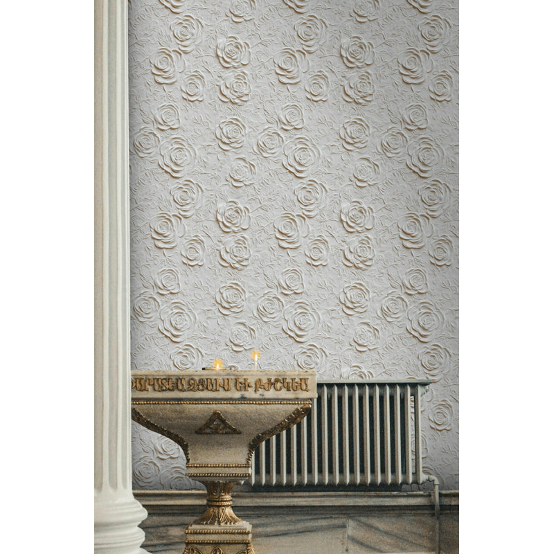 Adhésif mural blanc texturé à motif floral rose